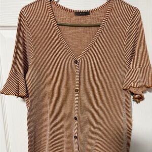 Gyft Rust Brown and White Striped Button-Down Shirt